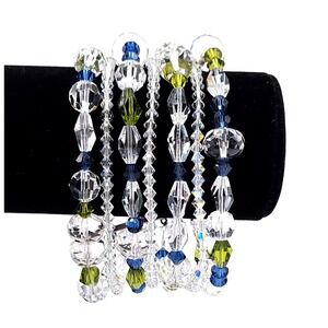 Blue Green Bead Bracelet Multi Strand Silver Adjustable 7-8in